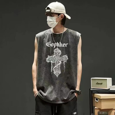 Topuri din denim pentru bărbați, vestă gotică de vară, tricou fără mâneci cu litere încrucișate, High Street, vintage, spălat, negru, punk, 8XL