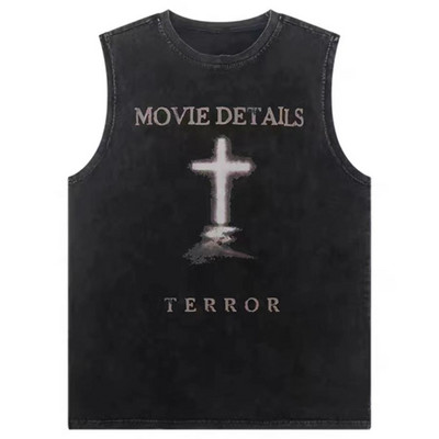 Topuri din denim pentru bărbați, vestă gotică de vară, tricou fără mâneci cu litere încrucișate, High Street, vintage, spălat, negru, punk, 8XL