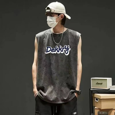 Topuri din denim pentru bărbați, vestă gotică de vară, tricou fără mâneci cu litere încrucișate, High Street, vintage, spălat, negru, punk, 8XL