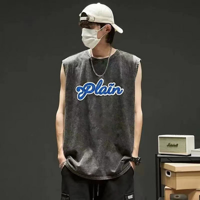 Topuri din denim pentru bărbați, vestă gotică de vară, tricou fără mâneci cu litere încrucișate, High Street, vintage, spălat, negru, punk, 8XL