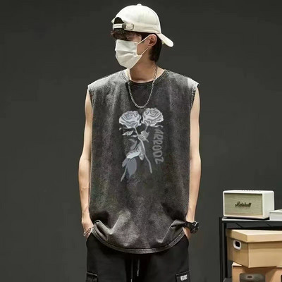 Topuri din denim pentru bărbați, vestă gotică de vară, tricou fără mâneci cu litere încrucișate, High Street, vintage, spălat, negru, punk, 8XL