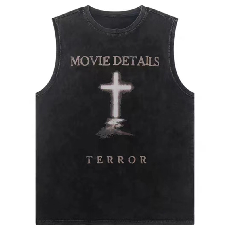 Topuri din denim pentru bărbați, vestă gotică de vară, tricou fără mâneci cu litere încrucișate, High Street, vintage, spălat, negru, punk, 8XL