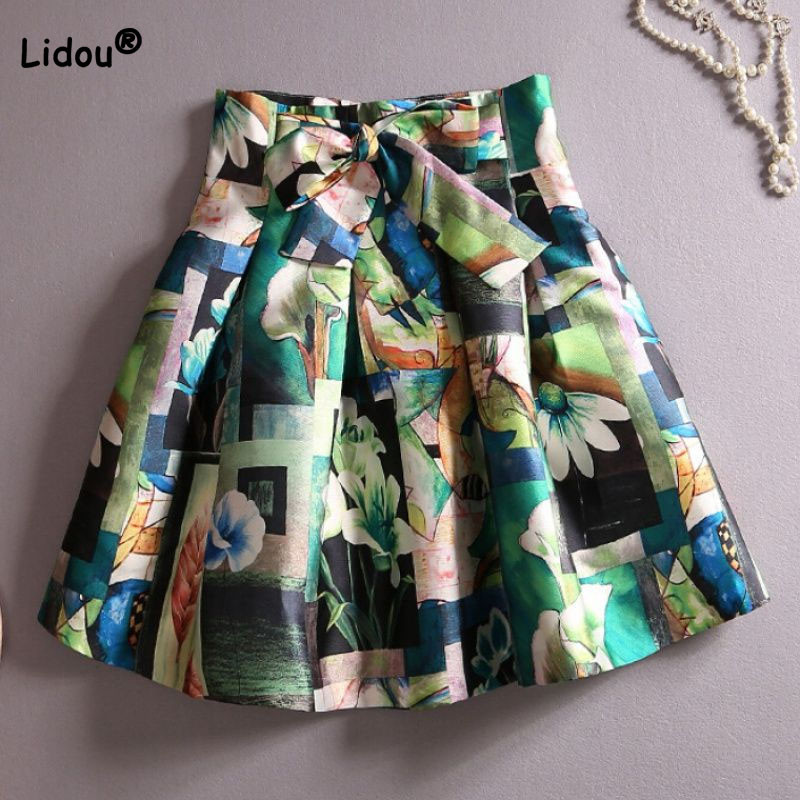 2023. gada vasaras korejiešu svārki ar apdruku ar augstu vidukli Jauni, moderni sieviešu apģērbi, brīvi A-līnijas mini svārki sievietēm
