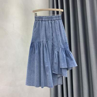 Moodsad naiste ebaregulaarsed volangid, teksaseelik, korea A-seeria, elastne kõrge vöökohaga seelik, naiste suverõivad