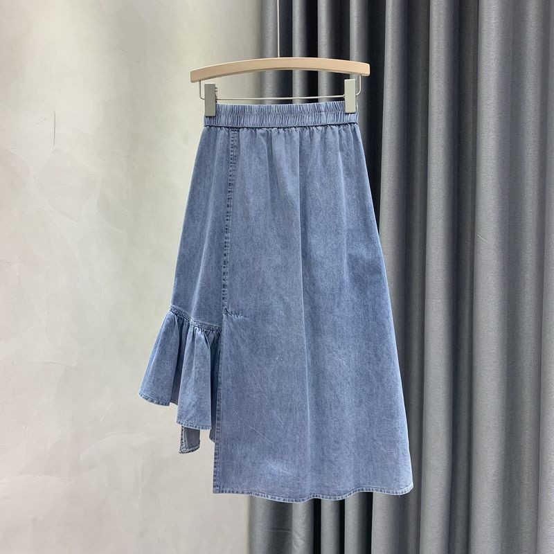 La modă femei cu volane neregulate fustă din denim îmbinat coreeană cu linie A Fusta elastică cu talie înaltă, îmbrăcăminte de vară pentru femei