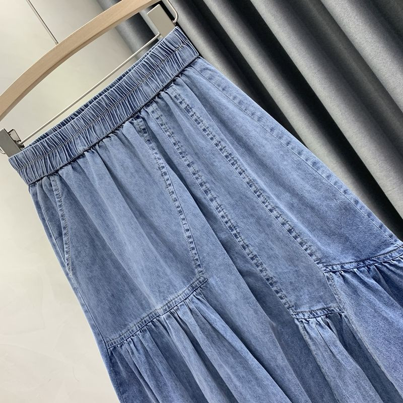 La modă femei cu volane neregulate fustă din denim îmbinat coreeană cu linie A Fusta elastică cu talie înaltă, îmbrăcăminte de vară pentru femei