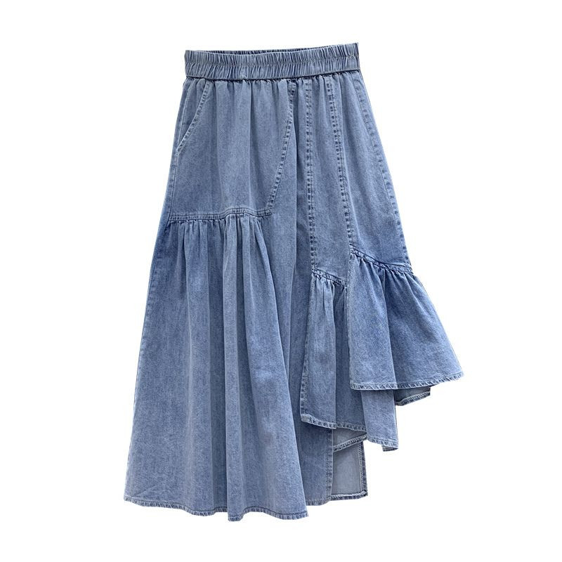 La modă femei cu volane neregulate fustă din denim îmbinat coreeană cu linie A Fusta elastică cu talie înaltă, îmbrăcăminte de vară pentru femei