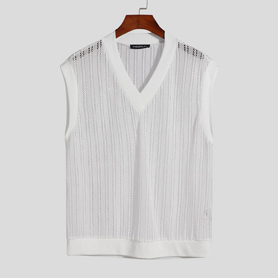 Modes labi pieguļoša vīriešu veste ar V veida kakla izgriezumu Vienkārša gadījuma vīriešu masīva ērta trikotāžas plecu vestes S-5XL INCERUN Topi 2023