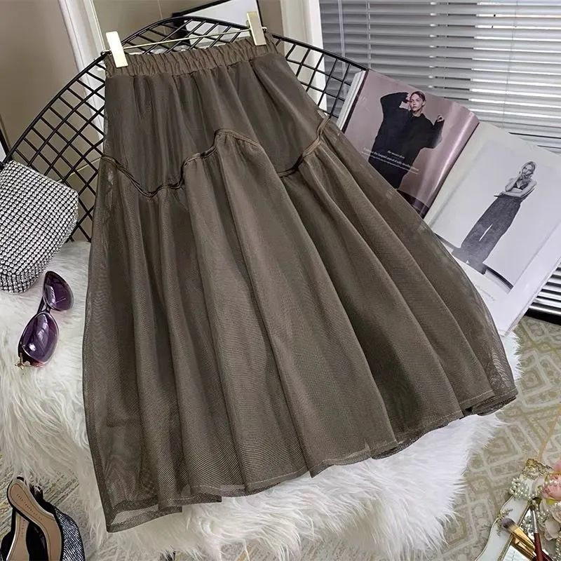 Κομψή μόδα μακριές φούστες με γάζες υψηλού ιδιοσυγκρασίας για γυναίκες Μόδα 2023 Ψηλόμεση ελαστική μέση Κομψή φούστα σε γραμμή Α 2023