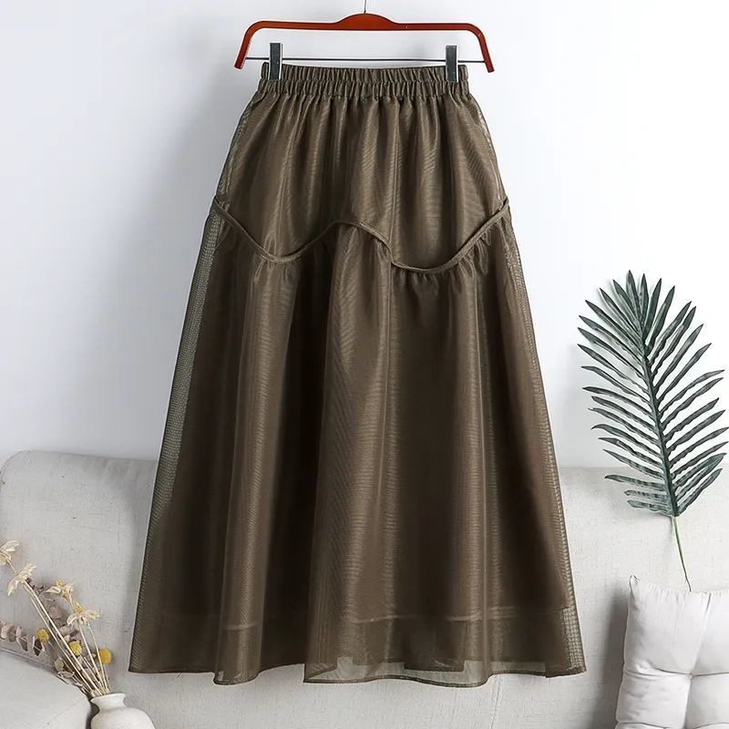 Κομψή μόδα μακριές φούστες με γάζες υψηλού ιδιοσυγκρασίας για γυναίκες Μόδα 2023 Ψηλόμεση ελαστική μέση Κομψή φούστα σε γραμμή Α 2023