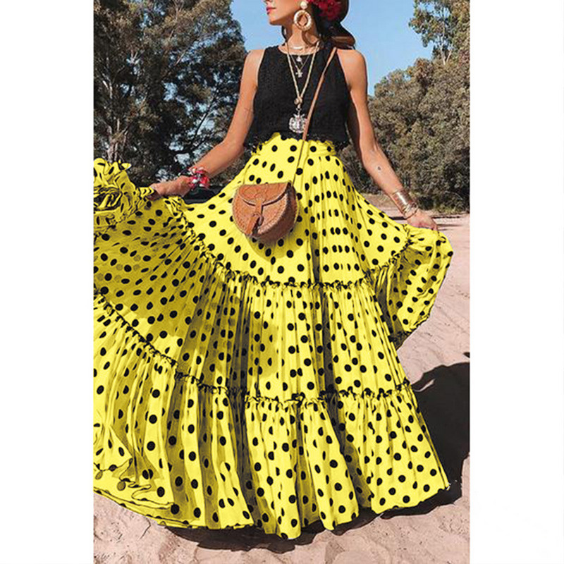 Divat Y2k Pöttyös nyomat fodros Maxi Szoknya Nyár 2023 Magas derekú Vintage Bohemian Fairy 5 szín A vonal hosszú szoknya RS652