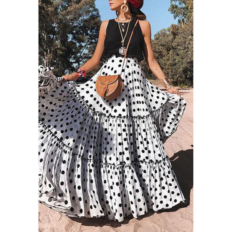 Divat Y2k Pöttyös nyomat fodros Maxi Szoknya Nyár 2023 Magas derekú Vintage Bohemian Fairy 5 szín A vonal hosszú szoknya RS652