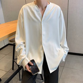 Vīriešu krekli bez apkakles ar V veida kakla izgriezumu garām piedurknēm, vienrindas vīriešu krekls brīvi pieguļoši vienkrāsains jaciņš ikdienas krekls, vīriešu apģērbs