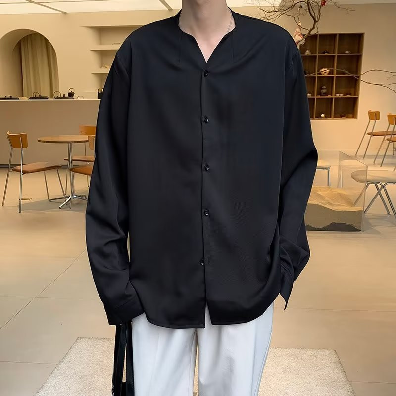 Vīriešu krekli bez apkakles ar V veida kakla izgriezumu garām piedurknēm, vienrindas vīriešu krekls brīvi pieguļoši vienkrāsains jaciņš ikdienas krekls, vīriešu apģērbs