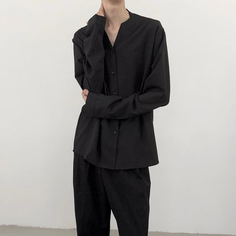 Vīriešu krekli bez apkakles ar V veida kakla izgriezumu garām piedurknēm, vienrindas vīriešu krekls brīvi pieguļoši vienkrāsains jaciņš ikdienas krekls, vīriešu apģērbs