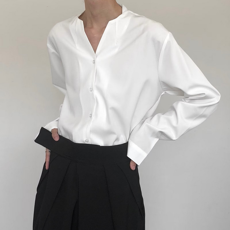 Vīriešu krekli bez apkakles ar V veida kakla izgriezumu garām piedurknēm, vienrindas vīriešu krekls brīvi pieguļoši vienkrāsains jaciņš ikdienas krekls, vīriešu apģērbs