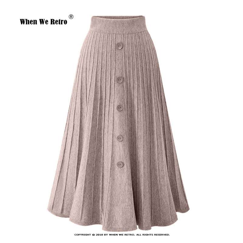 Sieviešu rudens ziemas midi svārki ar augstu vidukli, brīvi liela izmēra gari adīti kroku svārki, melni rozā Maxi eleganti korejiešu svārki VD3360