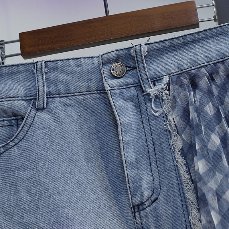 Fuste din denim din plasă mozaic pentru femei, cu talie înaltă elastică, neregulată E-girl, îmbrăcăminte de stradă, cu o linie de blugi, fustă elegantă Y2k Ins Jupe RS576