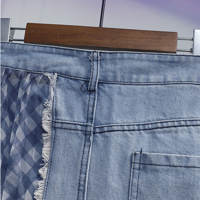 Fuste din denim din plasă mozaic pentru femei, cu talie înaltă elastică, neregulată E-girl, îmbrăcăminte de stradă, cu o linie de blugi, fustă elegantă Y2k Ins Jupe RS576