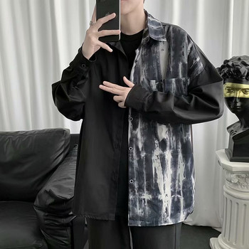 Модни мъжки дамски ризи с дълги ръкави с кръпка New Trendyol Men Tie Dye Loose Oversized Black Shirt Mens Vintage Streetwear