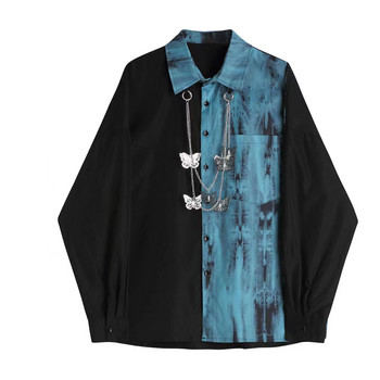 Модни мъжки дамски ризи с дълги ръкави с кръпка New Trendyol Men Tie Dye Loose Oversized Black Shirt Mens Vintage Streetwear