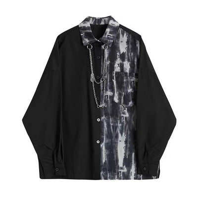 Модни мъжки дамски ризи с дълги ръкави с кръпка New Trendyol Men Tie Dye Loose Oversized Black Shirt Mens Vintage Streetwear