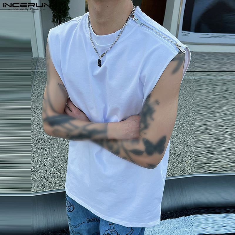 INCERUN Moda Bărbați Tank Tops Streetwear 2023 Solid O-Gât fără mâneci cu fermoar Veste de vară în stil coreean Îmbrăcăminte casual pentru bărbați S-5XL