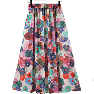 Augstas elastīgās jostasvietas garie svārki Pavasara vasara Jauni brīvi lielizmēra ziedu apdruka A-līnijas svārki Vintage sieviešu Bohēmijas svārki RS952