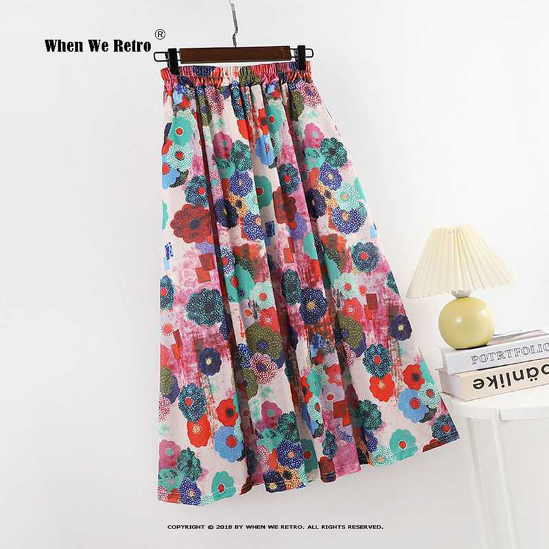 Augstas elastīgās jostasvietas garie svārki Pavasara vasara Jauni brīvi lielizmēra ziedu apdruka A-līnijas svārki Vintage sieviešu Bohēmijas svārki RS952