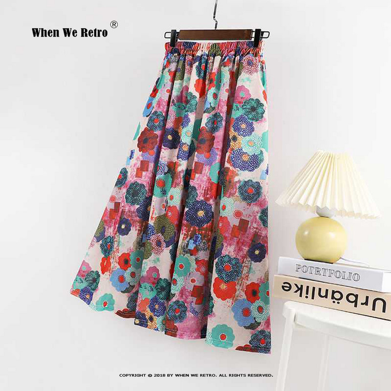 Augstas elastīgās jostasvietas garie svārki Pavasara vasara Jauni brīvi lielizmēra ziedu apdruka A-līnijas svārki Vintage sieviešu Bohēmijas svārki RS952