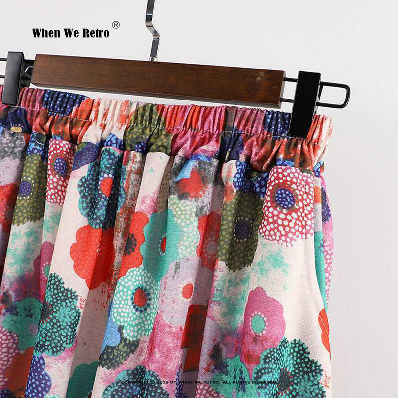 Augstas elastīgās jostasvietas garie svārki Pavasara vasara Jauni brīvi lielizmēra ziedu apdruka A-līnijas svārki Vintage sieviešu Bohēmijas svārki RS952