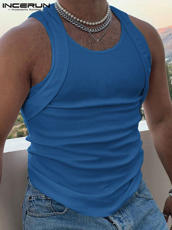 Modne muške majice bez rukava Jednobojni lažni dvodijelni prsluci bez rukava s O-izrezom 2023. Ljeto Fitness Ležerna muška odjeća S-5XL INCERUN