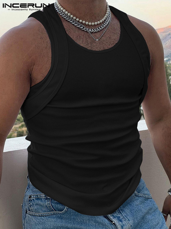 Modne muške majice bez rukava Jednobojni lažni dvodijelni prsluci bez rukava s O-izrezom 2023. Ljeto Fitness Ležerna muška odjeća S-5XL INCERUN