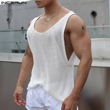 Ανδρικά μπλουζάκια από διχτυωτό διάφανο αμάνικο λαιμόκοψη και σέξι ανδρικά γιλέκα Ανδρικά ρούχα Streetwear 2023 INCERUN