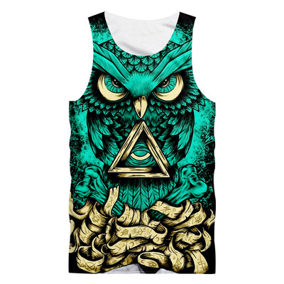 CJLM Férfi nagy méretű spandex állati 3D pánt felső mellény, teljes nyomtatott kötéssel bagoly férfi sárga háromszög vicces tartály