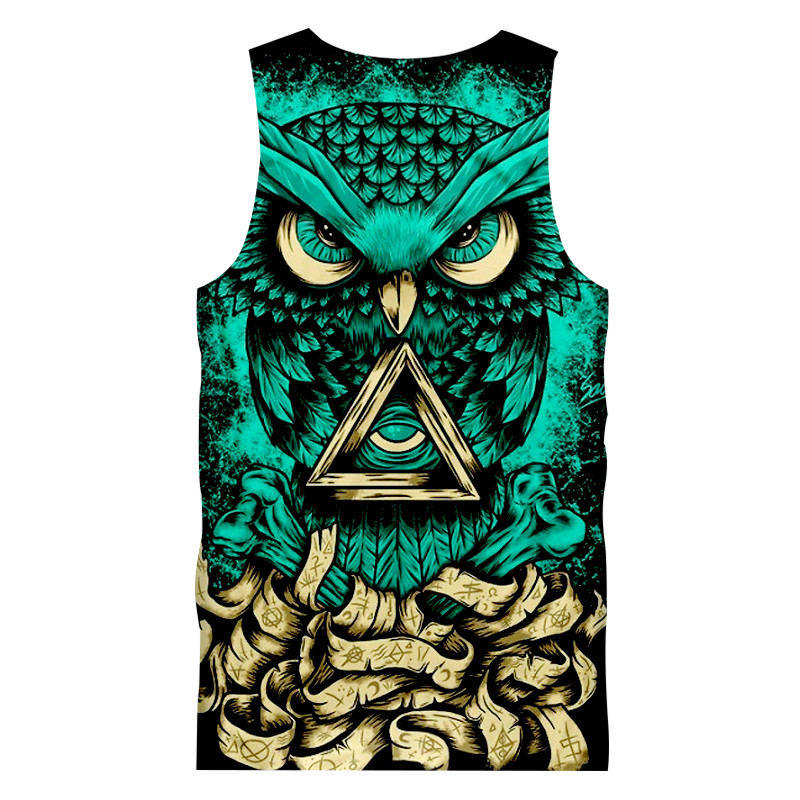 CJLM Férfi nagy méretű spandex állati 3D pánt felső mellény, teljes nyomtatott kötéssel bagoly férfi sárga háromszög vicces tartály