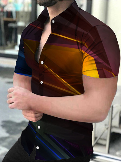 Vasaras gradients vīriešu ikdienas krekli ar īsām piedurknēm Eiropa Amerika Atpūta Nolaižama apkakle Druka ar īsām piedurknēm Topi Vīriešu apģērbi