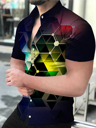 Vasaras gradients vīriešu ikdienas krekli ar īsām piedurknēm Eiropa Amerika Atpūta Nolaižama apkakle Druka ar īsām piedurknēm Topi Vīriešu apģērbi