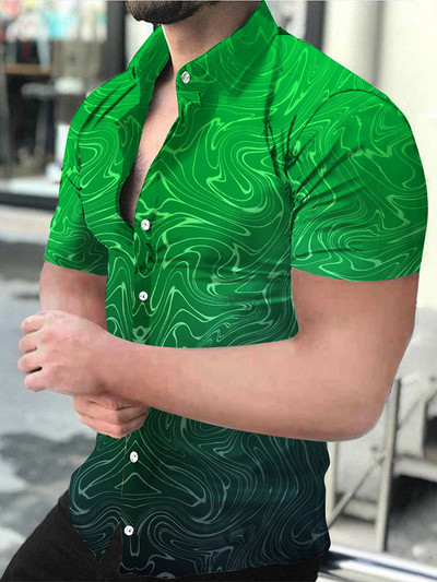 Vasaras gradients vīriešu ikdienas krekli ar īsām piedurknēm Eiropa Amerika Atpūta Nolaižama apkakle Druka ar īsām piedurknēm Topi Vīriešu apģērbi