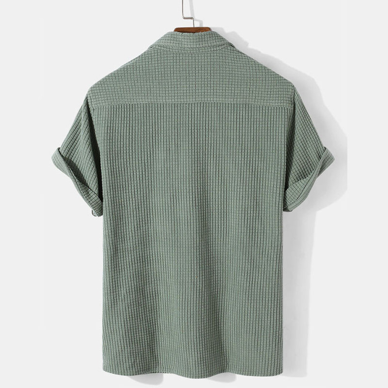 Μόδα Ανδρικά μονόχρωμα πουκάμισα βάφλα Casual με κοντό μανίκι άνετο βαμβακερό πουκάμισο Henley