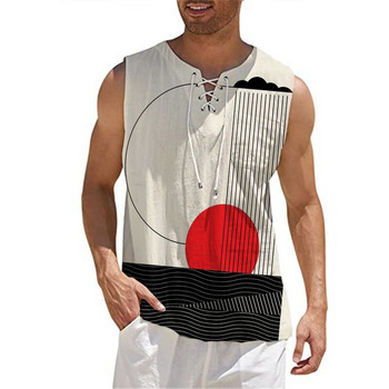 Мъжка риза с памучна ленена жилетка Ежедневна риза с вратовръзка без ръкави Плажно хипи топче Boho Renaissance Pirate Robe Едноцветен