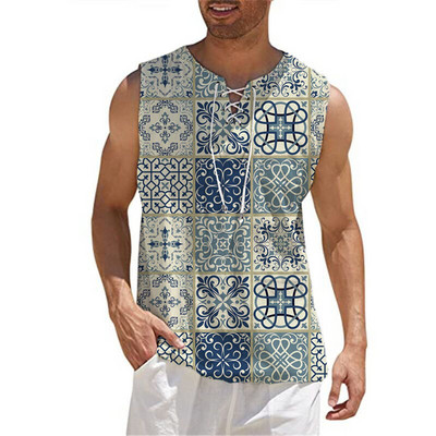 Ανδρικό βαμβακερό λινό γιλέκο πουκάμισο Casual αμάνικο γραβάτα Beach Hippie Top Boho Renaissance Pirate Robe Μονόχρωμο