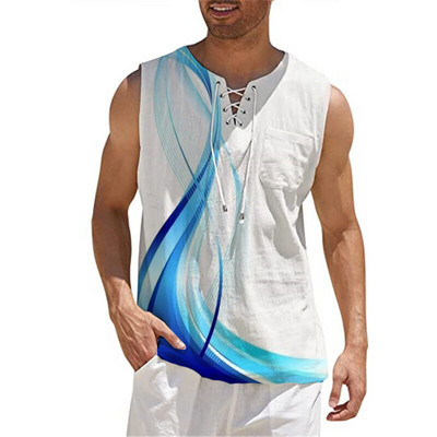 Ανδρικό βαμβακερό λινό γιλέκο πουκάμισο Casual αμάνικο γραβάτα Beach Hippie Top Boho Renaissance Pirate Robe Μονόχρωμο