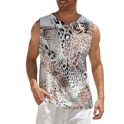 Ανδρικό βαμβακερό λινό γιλέκο πουκάμισο Casual αμάνικο γραβάτα Beach Hippie Top Boho Renaissance Pirate Robe Μονόχρωμο