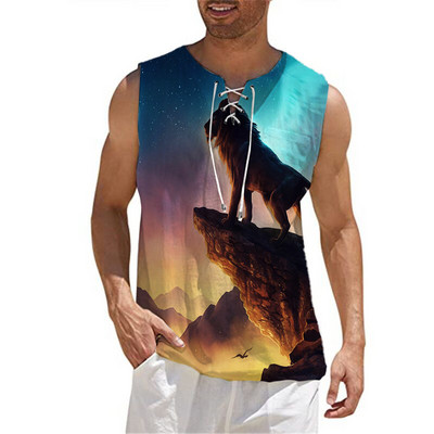 Ανδρικό βαμβακερό λινό γιλέκο πουκάμισο Casual αμάνικο γραβάτα Beach Hippie Top Boho Renaissance Pirate Robe Μονόχρωμο