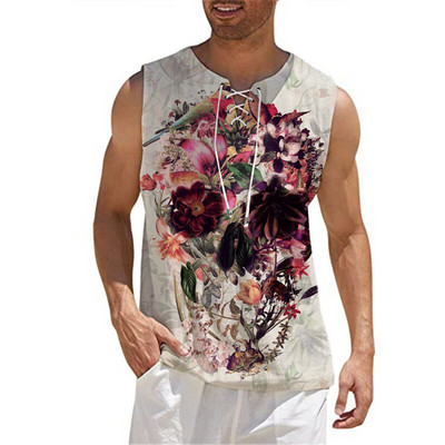 Ανδρικό βαμβακερό λινό γιλέκο πουκάμισο Casual αμάνικο γραβάτα Beach Hippie Top Boho Renaissance Pirate Robe Μονόχρωμο