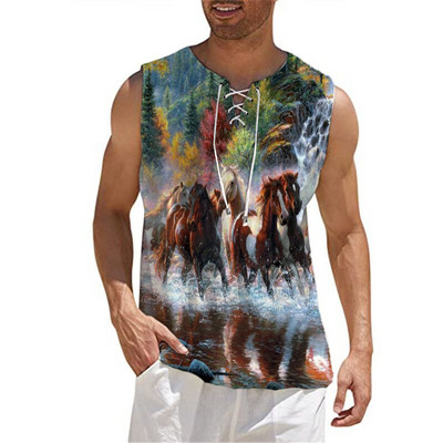 Ανδρικό βαμβακερό λινό γιλέκο πουκάμισο Casual αμάνικο γραβάτα Beach Hippie Top Boho Renaissance Pirate Robe Μονόχρωμο