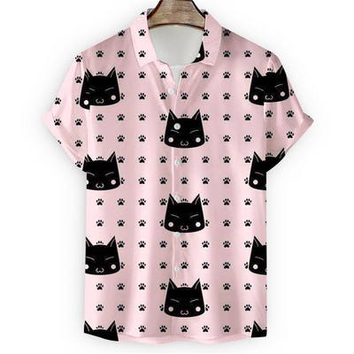 Férfi hawaii galléros ing 3D nyomtatással, rövid ujjú, aranyos macska alkalmi férfiaknak Vintage ruhák Harajuku virágos blúz