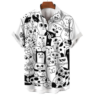 Férfi hawaii galléros ing 3D nyomtatással, rövid ujjú, aranyos macska alkalmi férfiaknak Vintage ruhák Harajuku virágos blúz