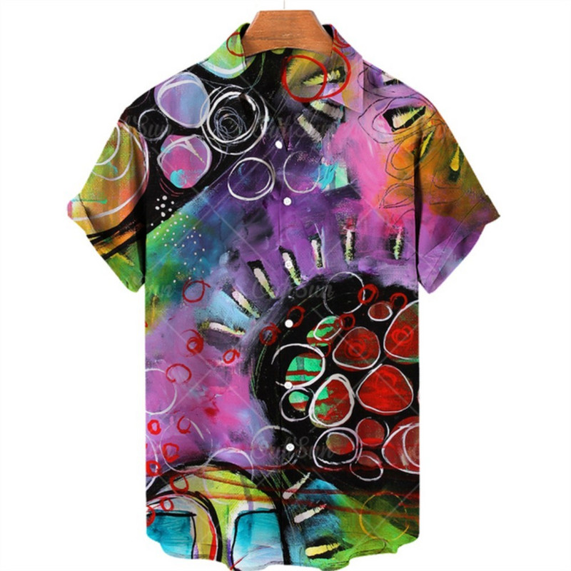 Férfi kültéri közösségi ing 3D nyomtatással, rövid ujjú felső hawaii stílusban, világos mintával, hétköznapi divatos utcai stílusban